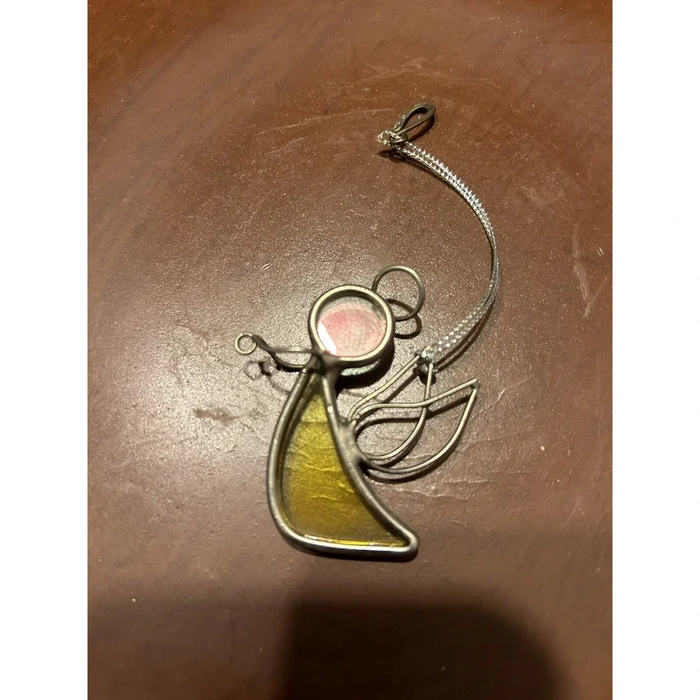 Vintage Pink & Yellow Stained Glass Angel Figurine‎ Christmas Ornament